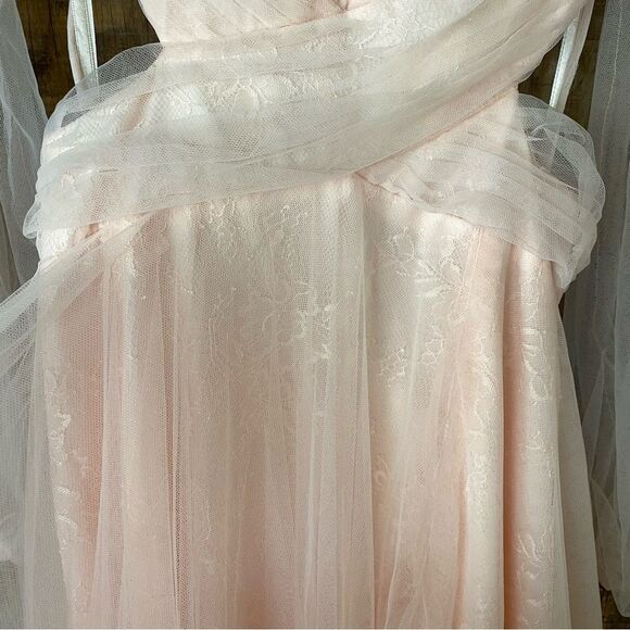 Mac Duggal blush Tulle Sheer Long Sleeve Cut Out Lace Up A Line Gown dress NWT 4 - Picture 12 of 16